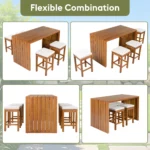 5 Piece Modern Eco-Friendly Acacia Wood Outdoor Bar Set with Bar Height Table Four Stools Cushions for Backyard Poolside
