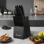 15 Pieces Black Anti-Slip Handle Carbon Steel Blade Kitchen Knife Set with Sharpener Chicken Bone Scissors – base detail