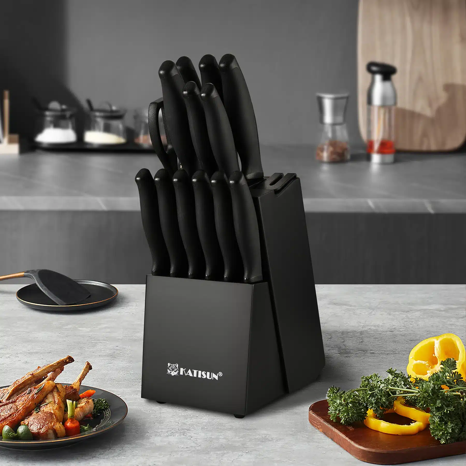 15 Pieces Black Anti-Slip Handle Carbon Steel Blade Kitchen Knife Set with Sharpener Chicken Bone Scissors