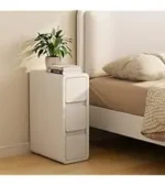 Beige leather narrow nightstand with drawers and stone top, perfect as a small bedside table