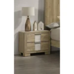 Driftwood nightstand two drawer with wooden construction and minimalist design in bedroom setting