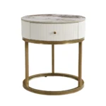 Modern round nightstand with marble top and gold base featuring a drawer for living room or bedroom
