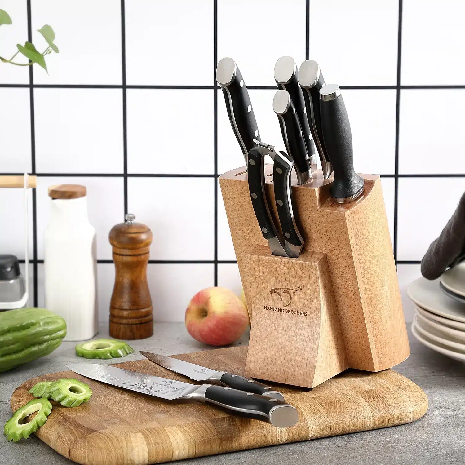 9 Pieces ABS Handle Fillet Knife VG-10 Damascus Steel Kitchen Knife Set with Sharpener Chicken Bone Scissors
