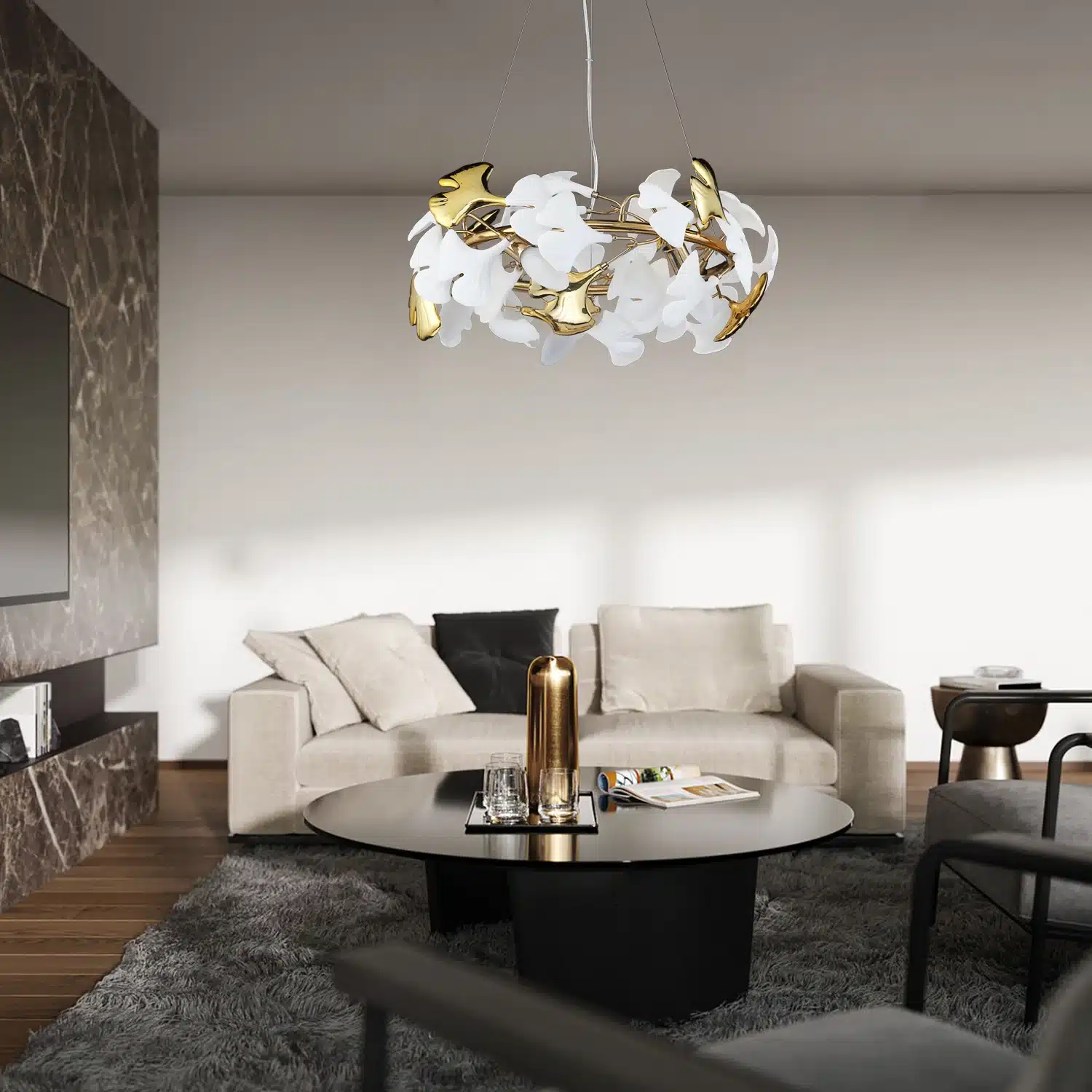 Modern Brass Ginkgo Leaf Chandelier Luxury Round Pendant Light Gold Chandelier for Dining Room Kitchen Island Living Room