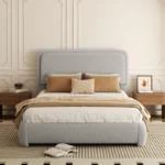 Goldoma French modern king size upholstered bed frame with solid oak wood frame and adjustable headboard in white