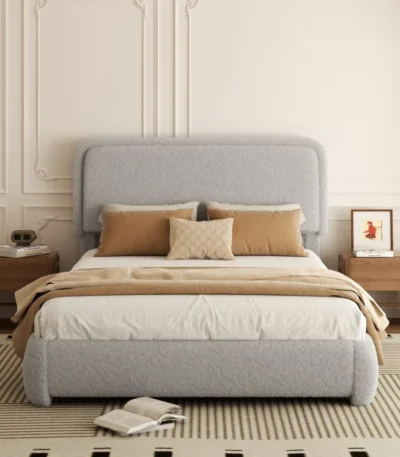 Goldoma French modern king size upholstered bed frame with solid oak wood frame and adjustable headboard in white