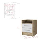 Goldoma Cartiz nightstand with two drawers in white and light oak finish beside a bed, minimalist bedroom storage