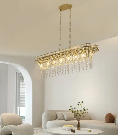 US Stock Free Shipping Dining Living Room 39.4 Inch Sand Gold Crystal Chandelier Oval Pendant Light with Adjustable Chain