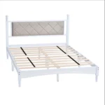 Goldoma solid wood bed frame with fabric headboard in full size white finish - sturdy rubberwood construction with upholstered headboard