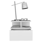 White wall mounted nightstand with drawer and open shelves in modern bedroom, Goldoma floating bedside table