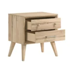 Classic mid-century nightstand with two drawers in natural oak finish, featuring angled legs and lacquered surface.