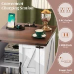 Rustic end table with USB charging station and farmhouse wood finish