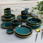 Green With Gold Inlay Quality Plates Full Set Luxury Steak Food Tray Ceramic Dinner Dish Salad Bowl Spoon Porcelain