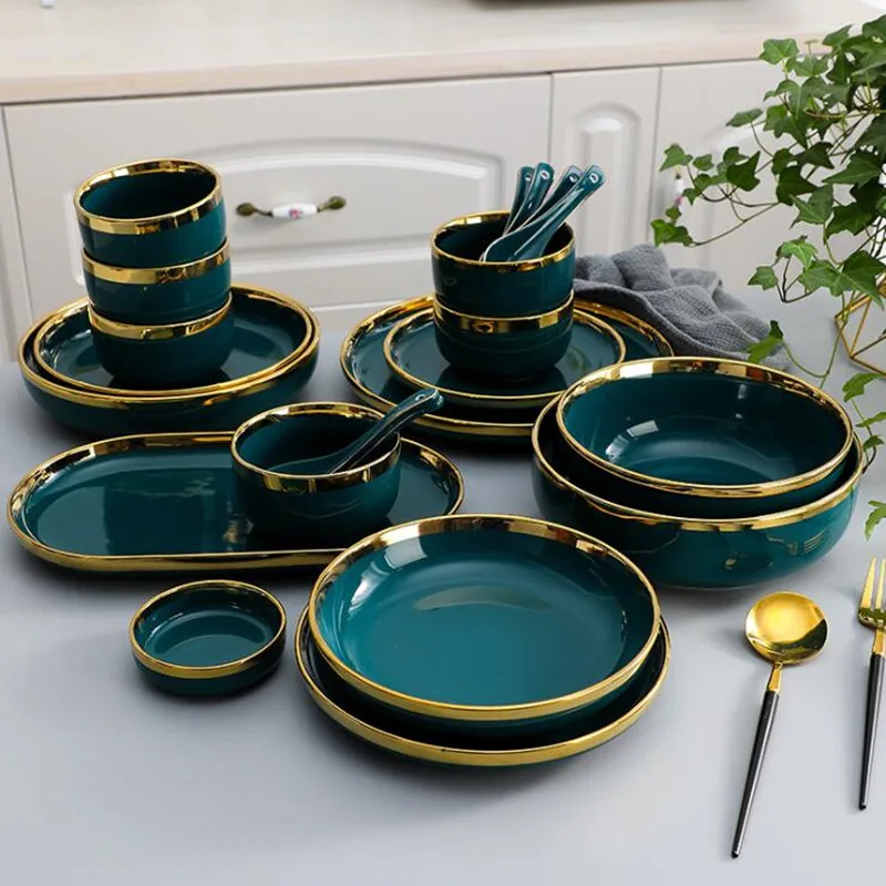 Green With Gold Inlay Quality Plates Full Set Luxury Steak Food Tray Ceramic Dinner Dish Salad Bowl Spoon Porcelain Dinnerware