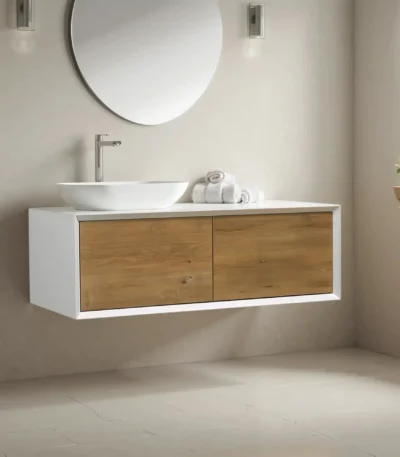Modern 48-inch wall-mounted single sink bathroom vanity in white with a sleek countertop and chrome faucet, set against