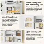 Modern Glass Computer Desk with 90 Degree Rotating Desktop Durable Office Desk with Storage Drawer Shelves and Cabinets