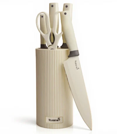 Kuisine 6-piece kitchen knife set with stainless steel blades and black PP handles in a space-saving block