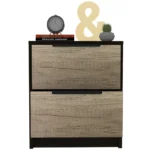 Black nightstand with drawers in a modern bedroom setting