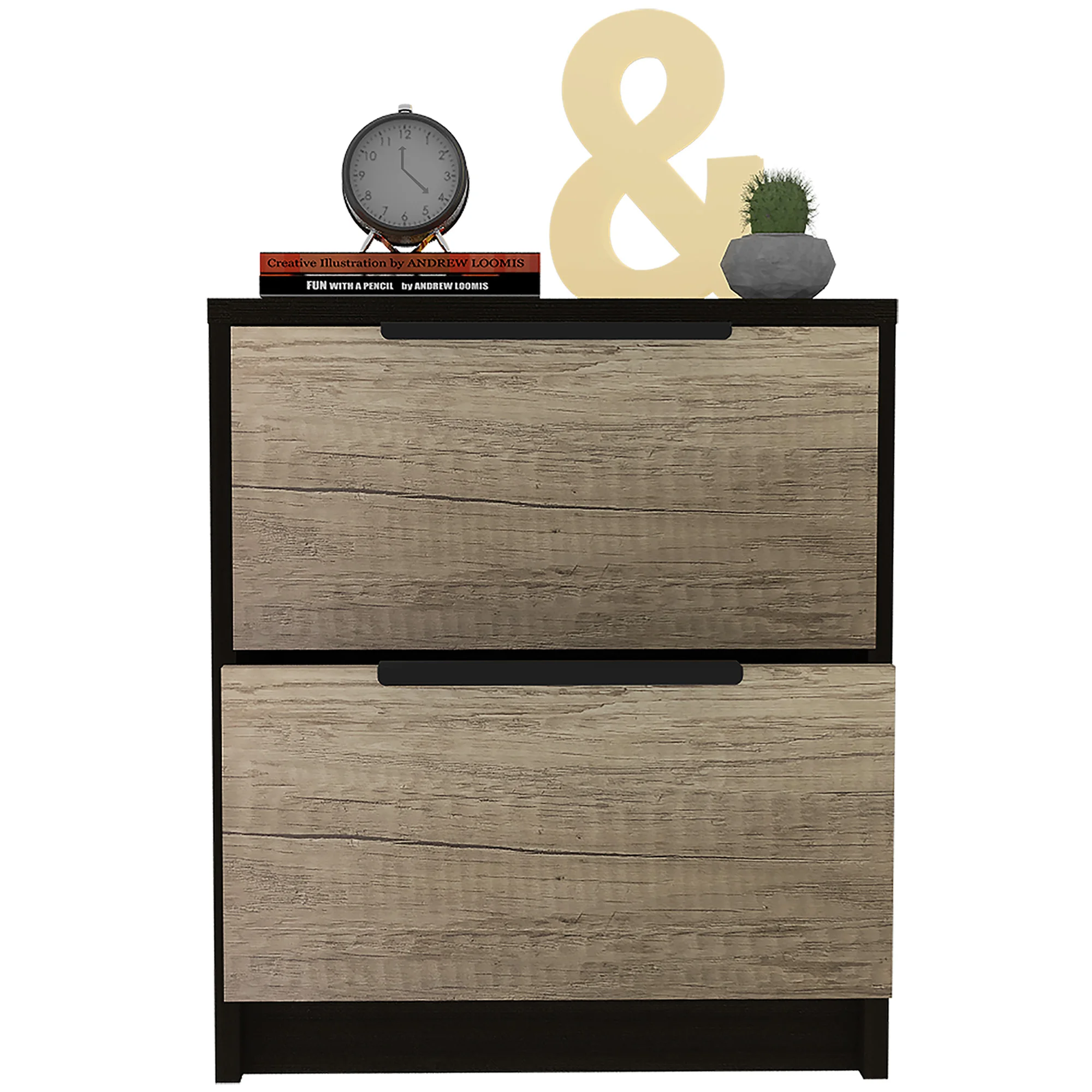 Kaia Nightstand with Two Drawers – Black Pine Bedside Table