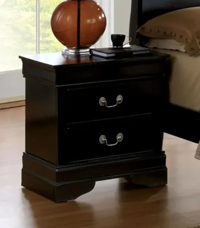 Solid wood nightstand with 2 drawers and modern nickel pulls in black finish