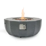 Eco-friendly petal-shaped propane fire bowl with blue flames on patio