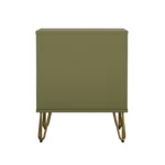 Olive green nightstand with drawer and open shelf featuring modern metal legs in a bedroom setting