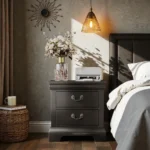 Classic wooden nightstand black with two drawers in a bedroom setting