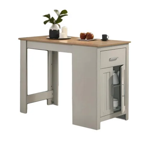 Small round dining table in oak and white finish with storage shelf in a cozy kitchen