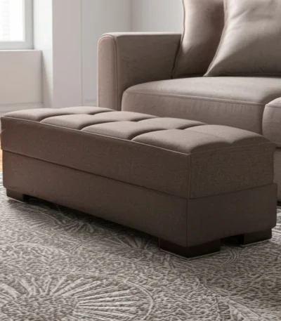 Brown chenille tufted storage ottoman with removable MDF top and hidden storage, perfect for living room or bedroom.