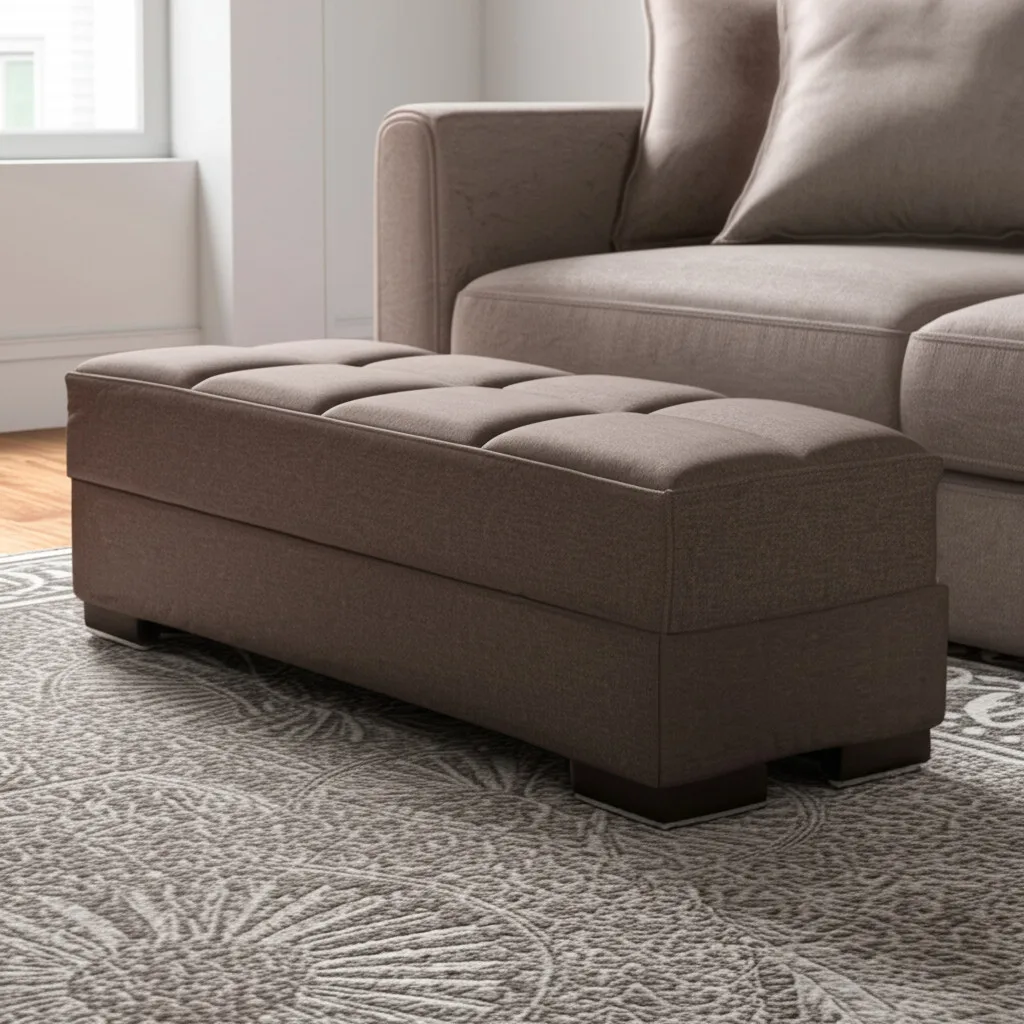 Hf8456813cbfc41adb93ae858b7a4ec246.webp Brown chenille tufted storage ottoman with removable MDF top and hidden storage, perfect for living room or bedroom.