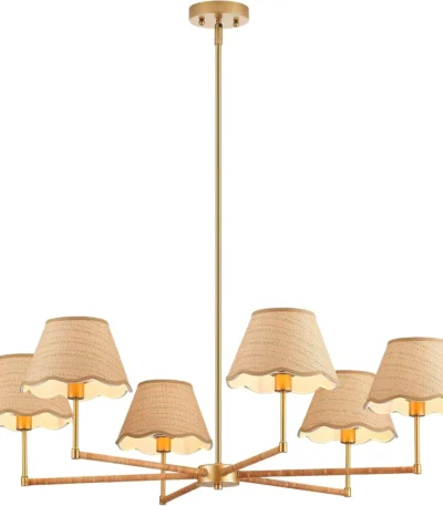 Boho Rattan Chandelier, Rustic Industrial Pendant Light Large Adjustable Pendant Lighting Fixtures for Dning Room Living Room