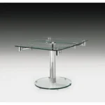 40 inch clear glass extendable dining table with self-storing leaf and silver metal pedestal base, modern design