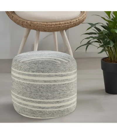 Goldoma 18 inch gray striped round pouf ottoman for indoor outdoor seating and footrest