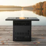 Outdoor gas fire pit with flames on a patio