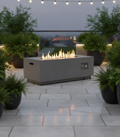 Goldoma 50k BTU fire pit with natural gas flames on a patio