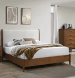 Adjustable full size bed with walnut panel headboard and beige upholstery featuring diamond crystal design and oak slat support