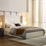 Goldoma queen upholstered wingback platform bed with adjustable 54-inch headboard in oak wood and fabric upholstery
