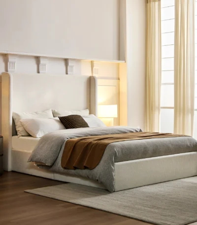 Goldoma queen upholstered wingback platform bed with adjustable 54-inch headboard in oak wood and fabric upholstery