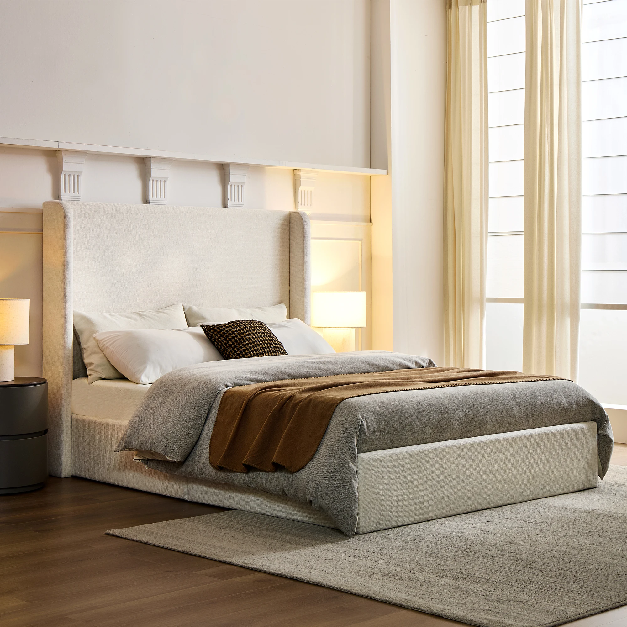 Hf8d67fe77ce6476f995667a82363c088r.webp Goldoma queen upholstered wingback platform bed with adjustable 54-inch headboard in oak wood and fabric upholstery