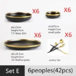 Gilt Rim Black Porcelain Dinner Plates Kitchen Dishes Ceramics Tableware Food Tray Rice Salad Noodles Bowl Cutlery Set – in