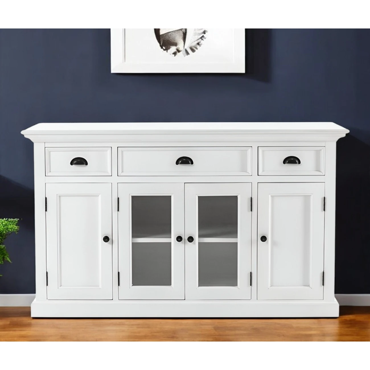 Hf906adaa3bf5469dac13e57141f60527E.webp HMS 57 Three-Drawer White Solid Wood Sideboard Farmhouse Dining Room Furniture with Four Glass Doors for Living Room - Image 1