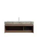 Open drawers and doors of the 48-inch bathroom vanity revealing interior storage space, with sink and countertop