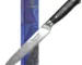 Damascus chef knife with 67-layer VG10 steel blade and blue G10 handle on cutting board