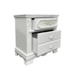 White 2-drawer nightstand with floral motifs and carved details for bedroom storage