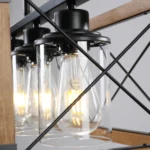 Ship From USA,32" Walnut Industrial Farmhouse Rectangle Pendant Light, 5-Light Chandelier with Lampshades (No Bulbs) – base
