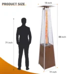 Pyramid stainless steel patio heater with infrared glass tube glowing in outdoor setting