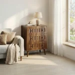 Modern 3-drawer wooden dresser with lacquer finish in walnut color, ideal for bedroom storage