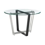 Round glass dining table with black iron sled base - 48 inch clear glass top, modern design, seats 4