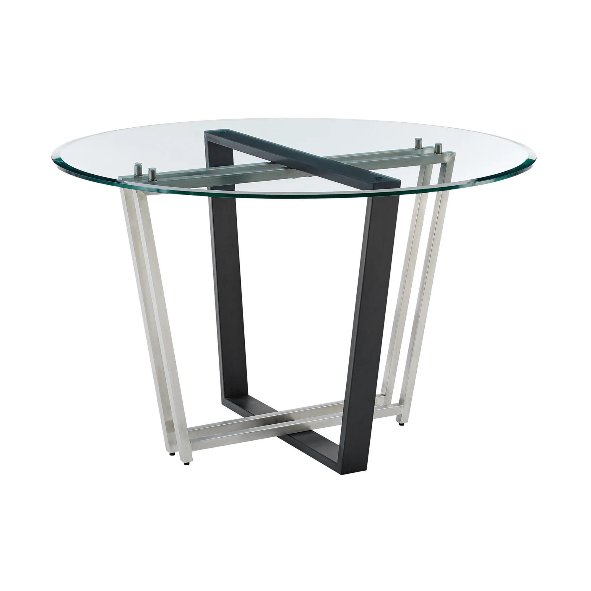 Hf973c2f8ef8b445f83be99bacafa7665R.webp Round glass dining table with black iron sled base - 48 inch clear glass top, modern design, seats 4