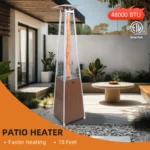Pyramid stainless steel patio heater with infrared glass tube glowing in outdoor setting